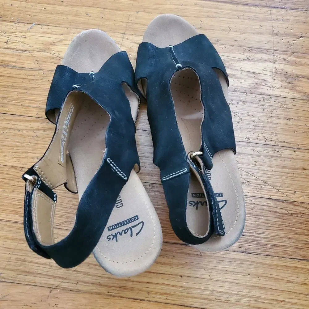 Clarks Black Wedge Peep Toe Sandals 9.5